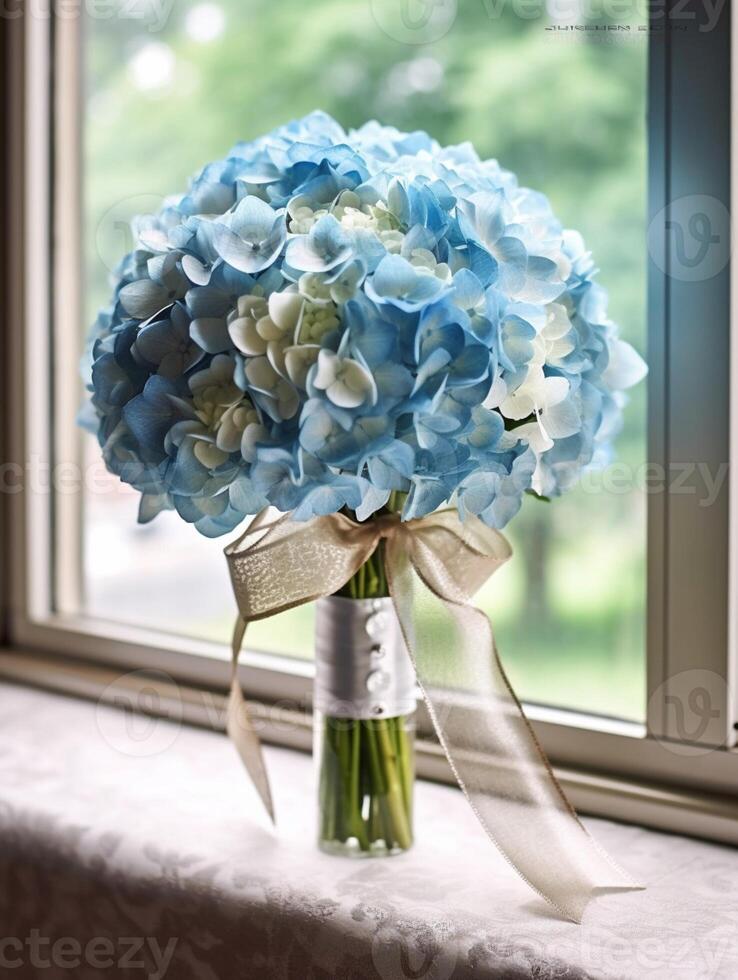 Hydrangea wedding bouquet flower on blurred window background. photo