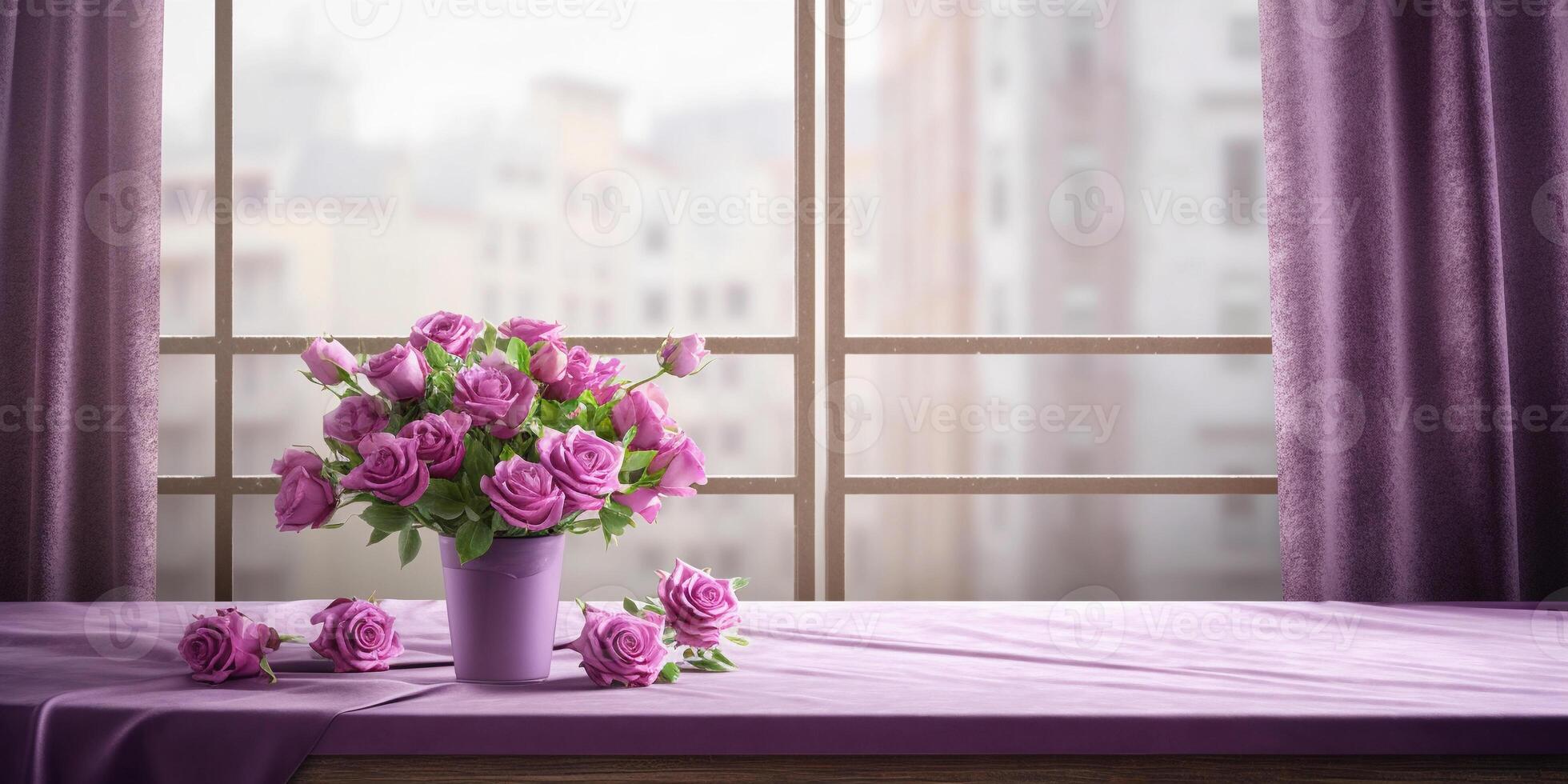 Purple rose flower and window with sun light copy space blurred background, photo