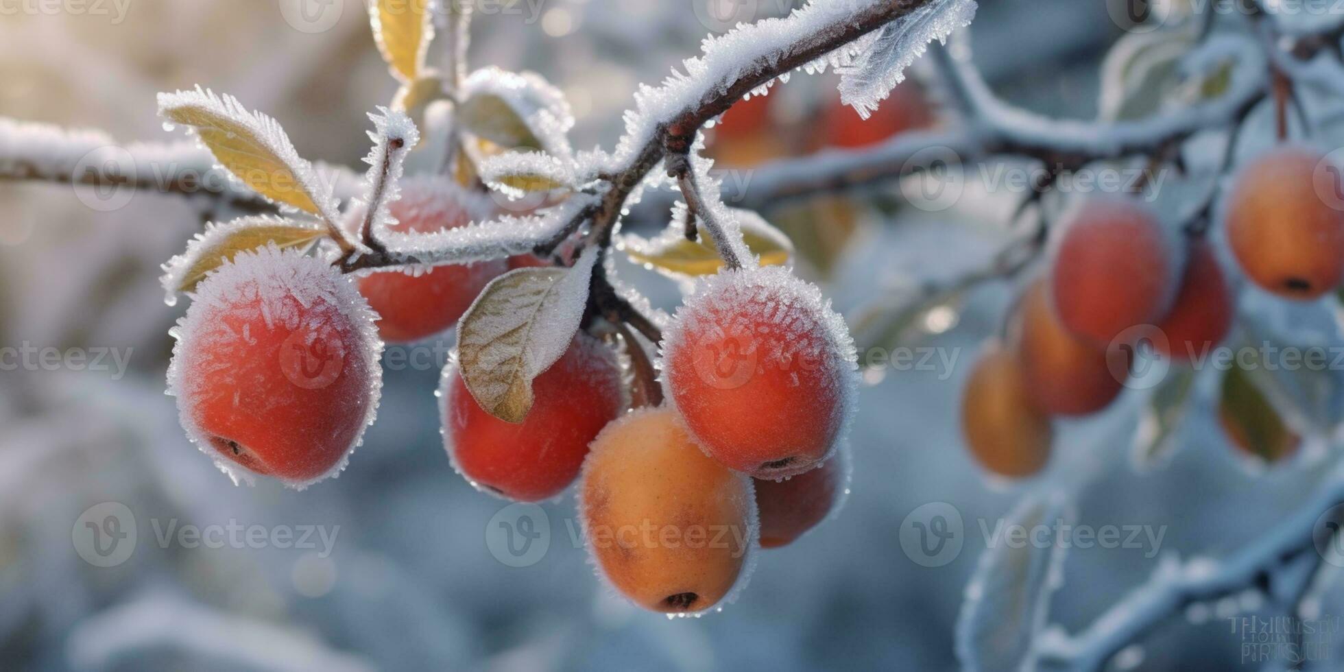 Ice storm trees and apple fruit freeze in winter, AI Generated photo