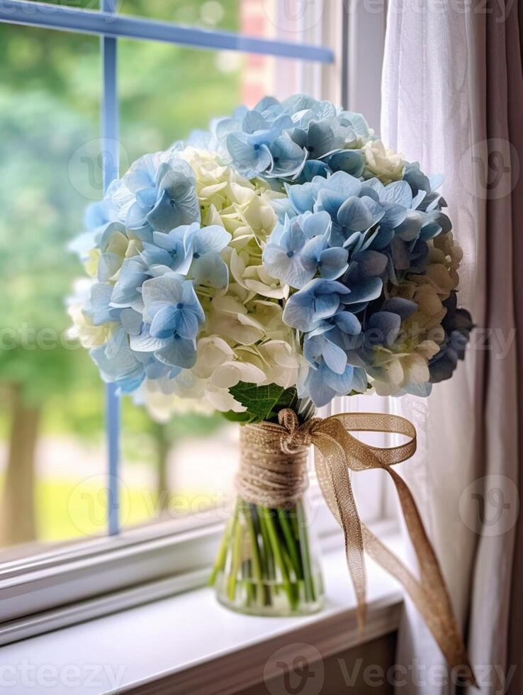 Hydrangea wedding bouquet flower on blurred window background. photo