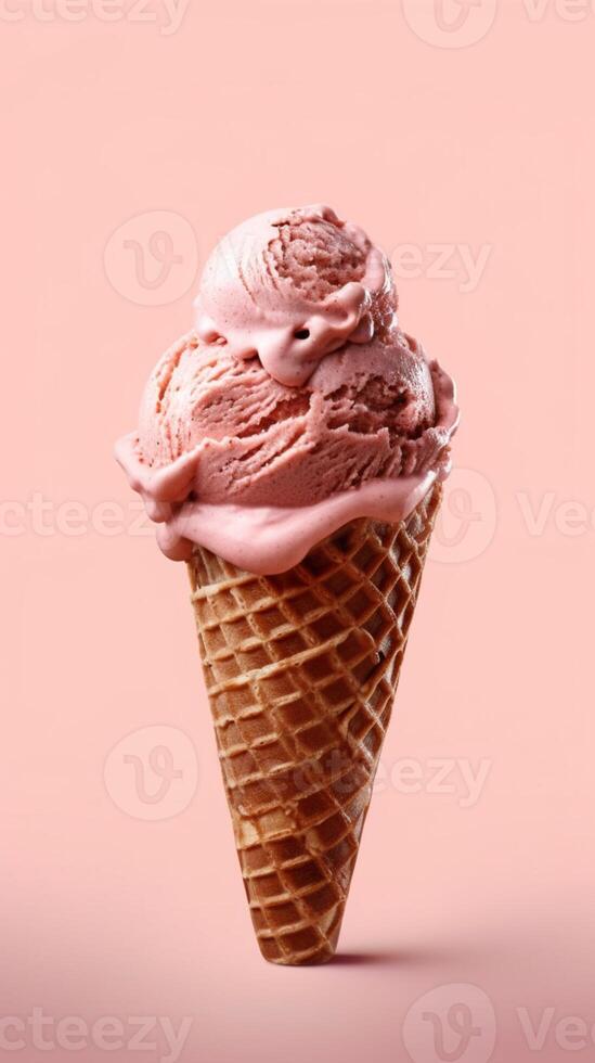 Ice cream cone waffle with chocolate topping background. photo