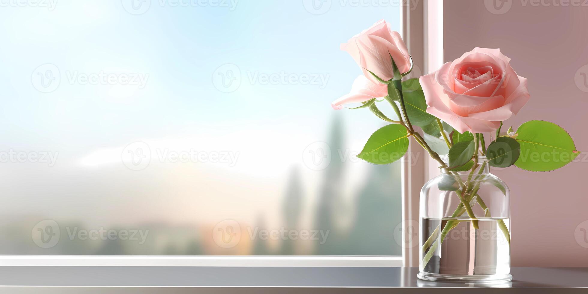 Wood window and rose plant flower on table with sun light copy space blurred background, photo