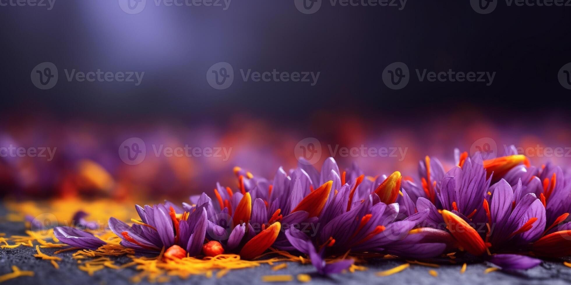 Saffron flower cultivation, and health benefits, copy space blurred background, photo