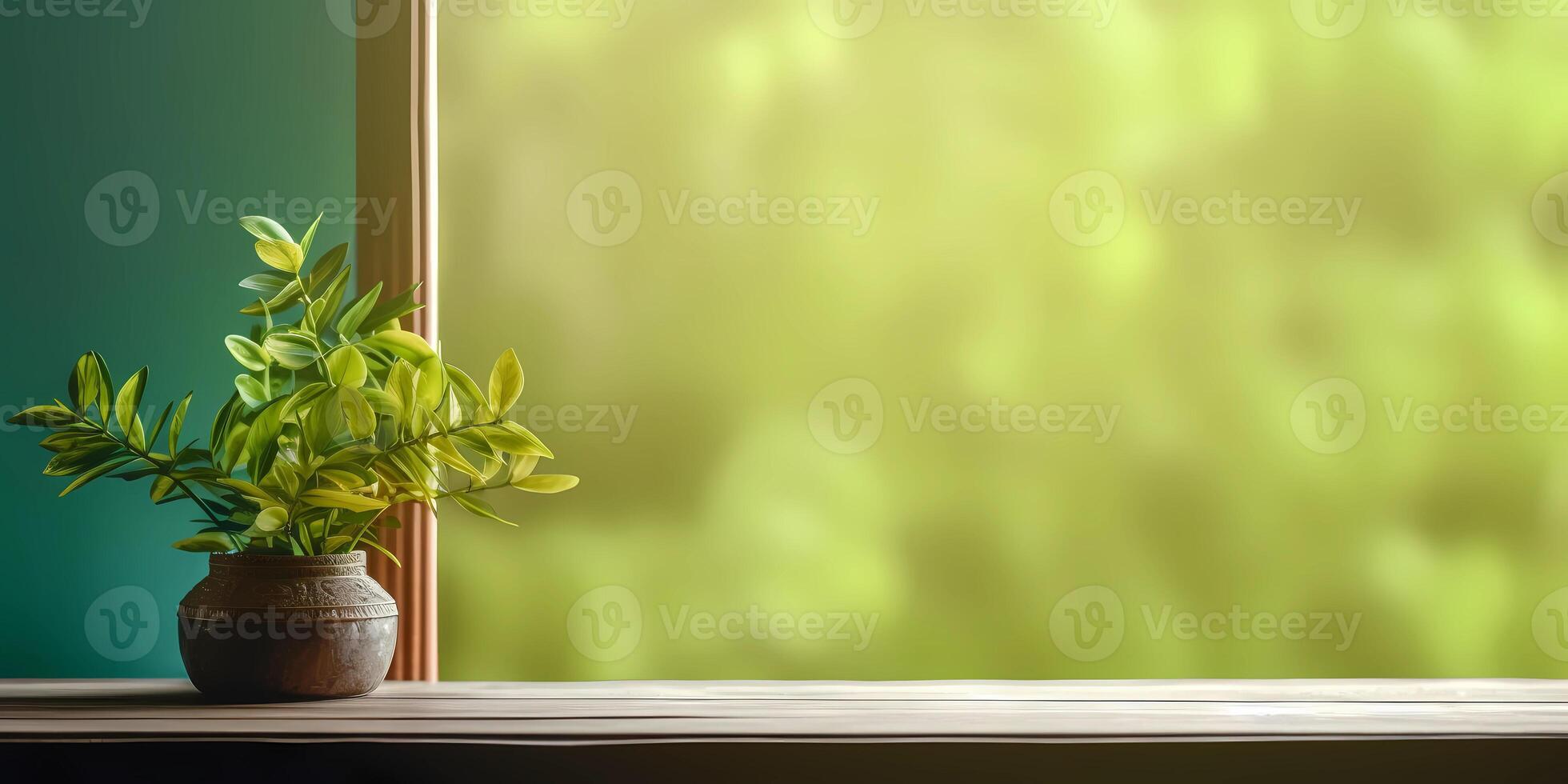 madera mesa y ventana con planta con Dom ligero Copiar espacio borroso fondo, ai generado foto