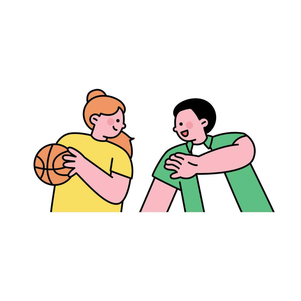 dos amigos son jugando un juego de baloncesto. contorno sencillo vector ilustración.
