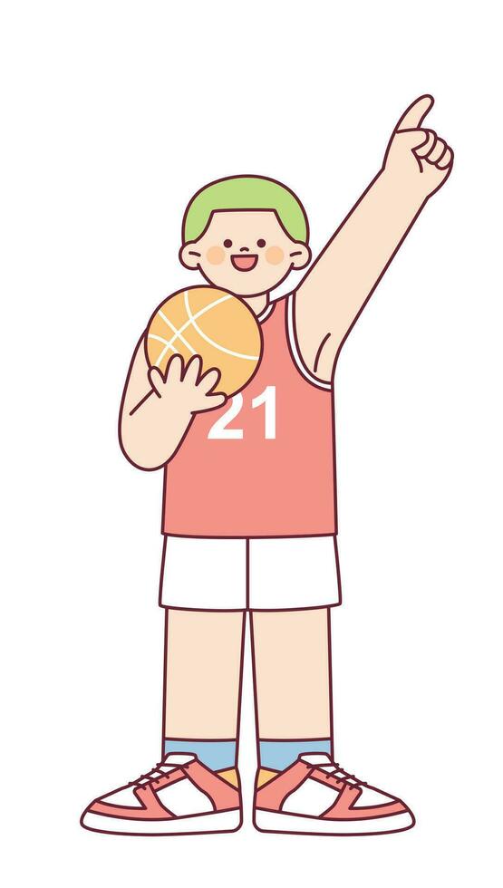 A cute basketball player is holding a basketball and pointing up with his finger in an energetic pose. outline simple vector illustration.