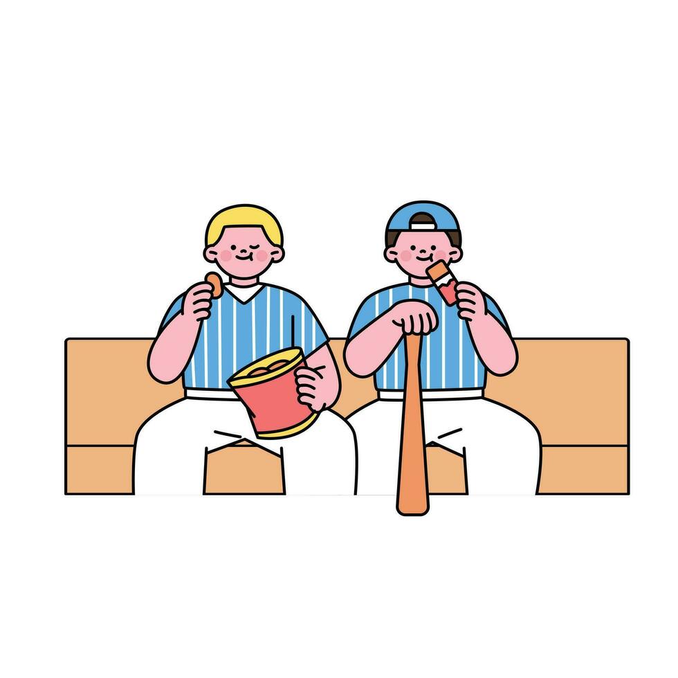 dos linda béisbol jugador Niños son sentado en un banco y comiendo meriendas. contorno sencillo vector ilustración.