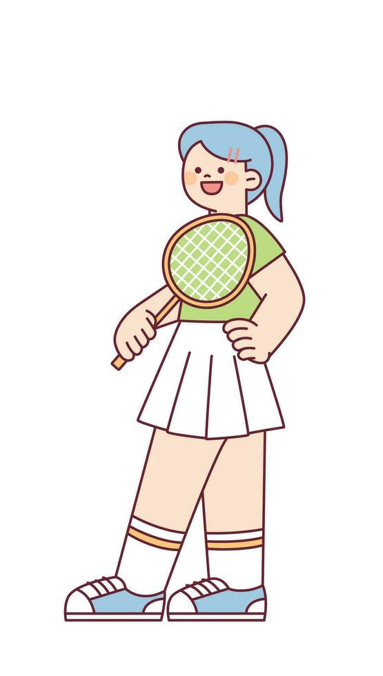 A cute tennis player is standing with a racket. outline simple vector illustration.