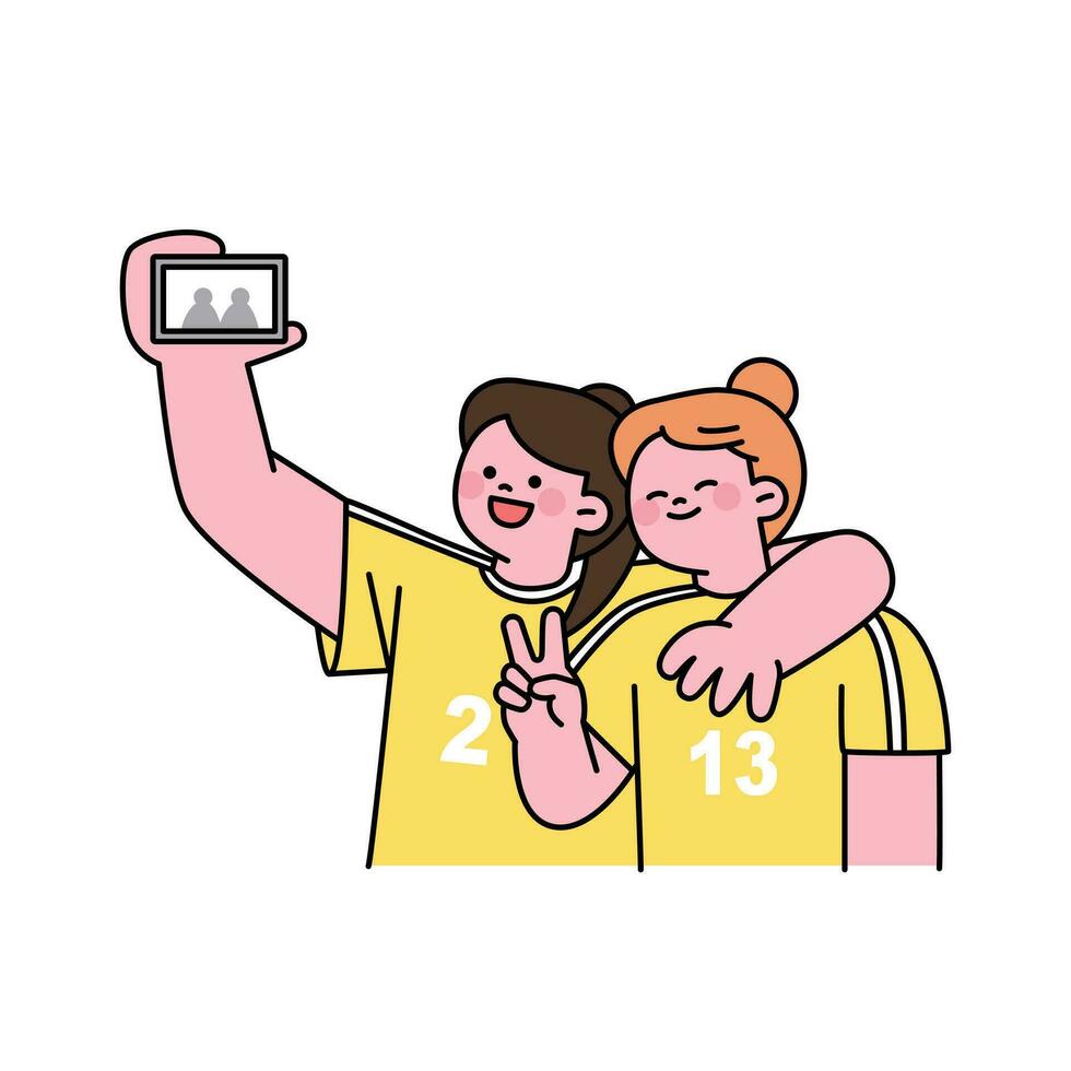 Cute sports girls are taking a selfie together. outline simple vector illustration.