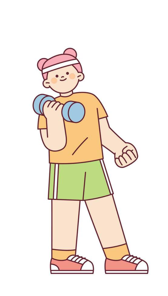 A cute girl is standing with dumbbells. outline simple vector illustration.