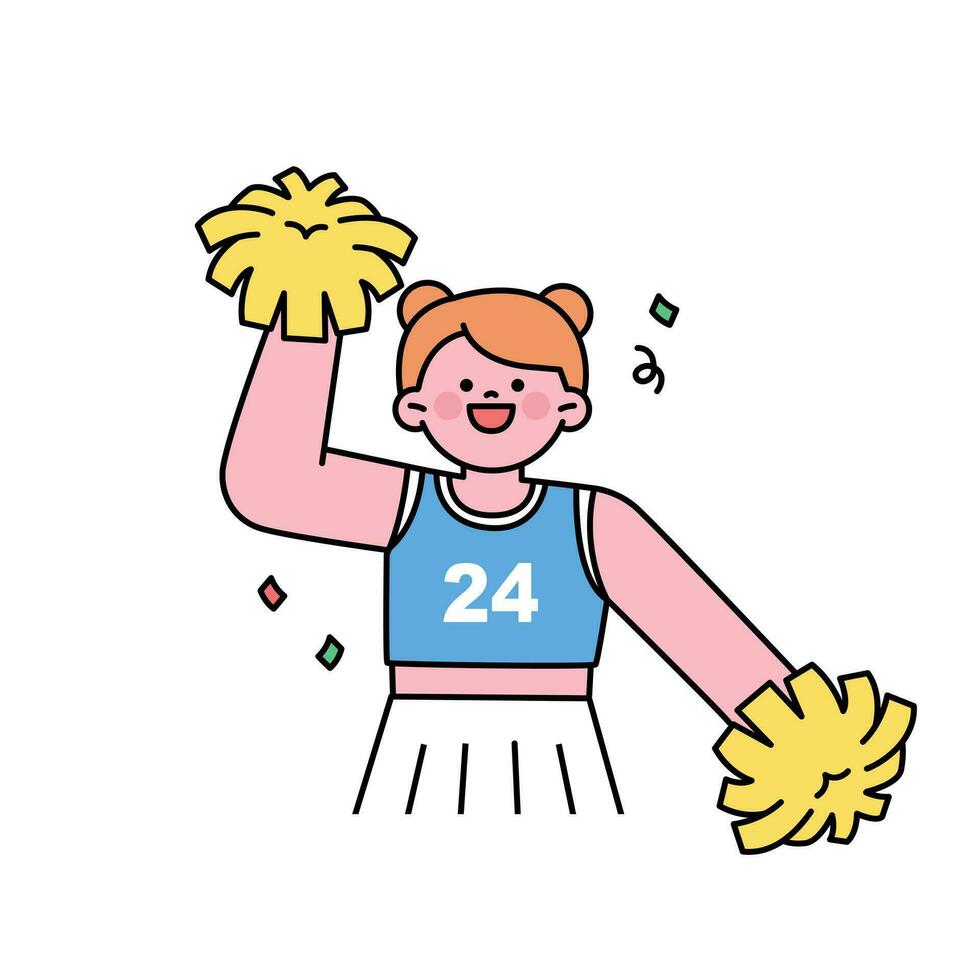 A cute cheerleader is holding a pom pom and cheering. outline simple vector illustration.