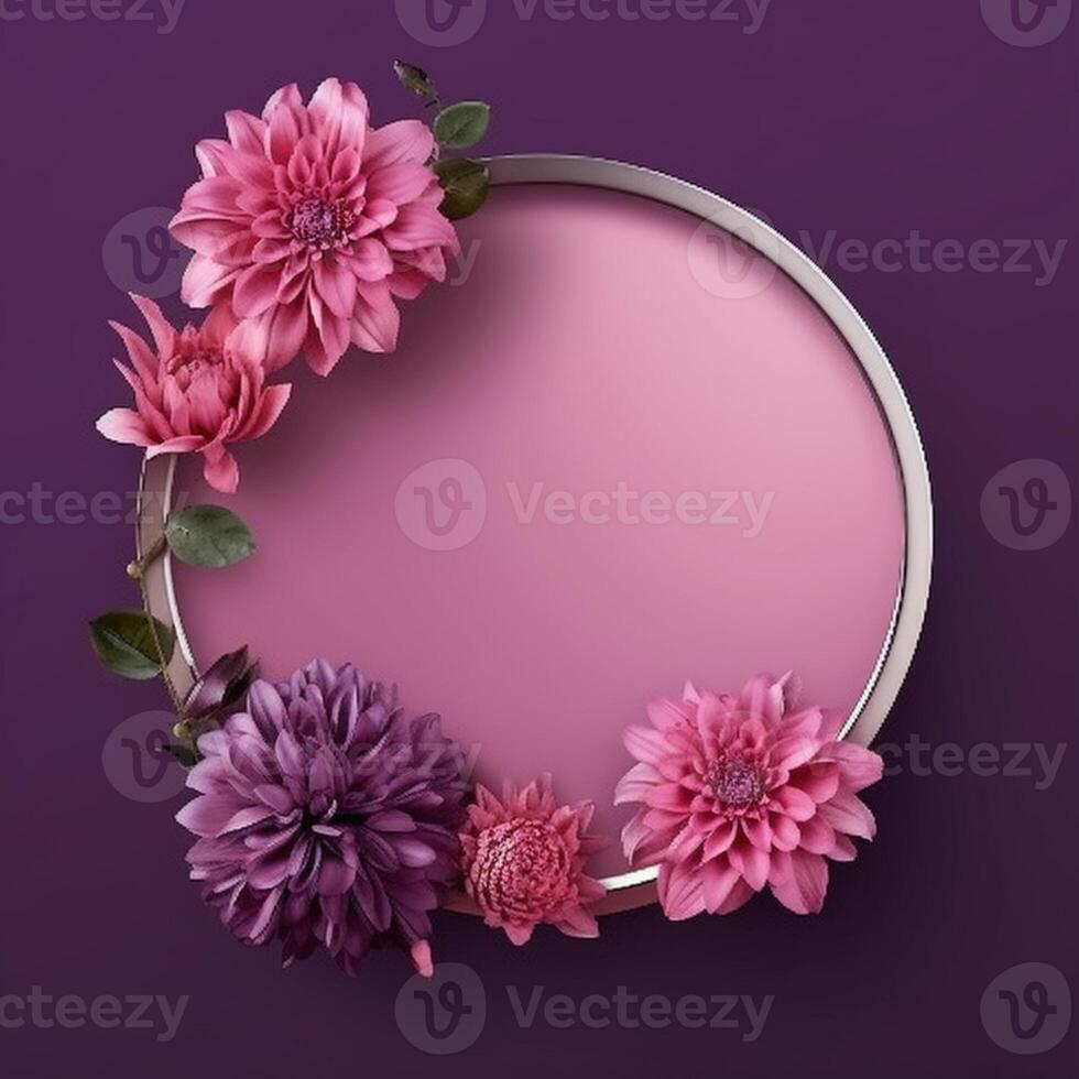 Circle made of pink flowers and branches copy space background. photo