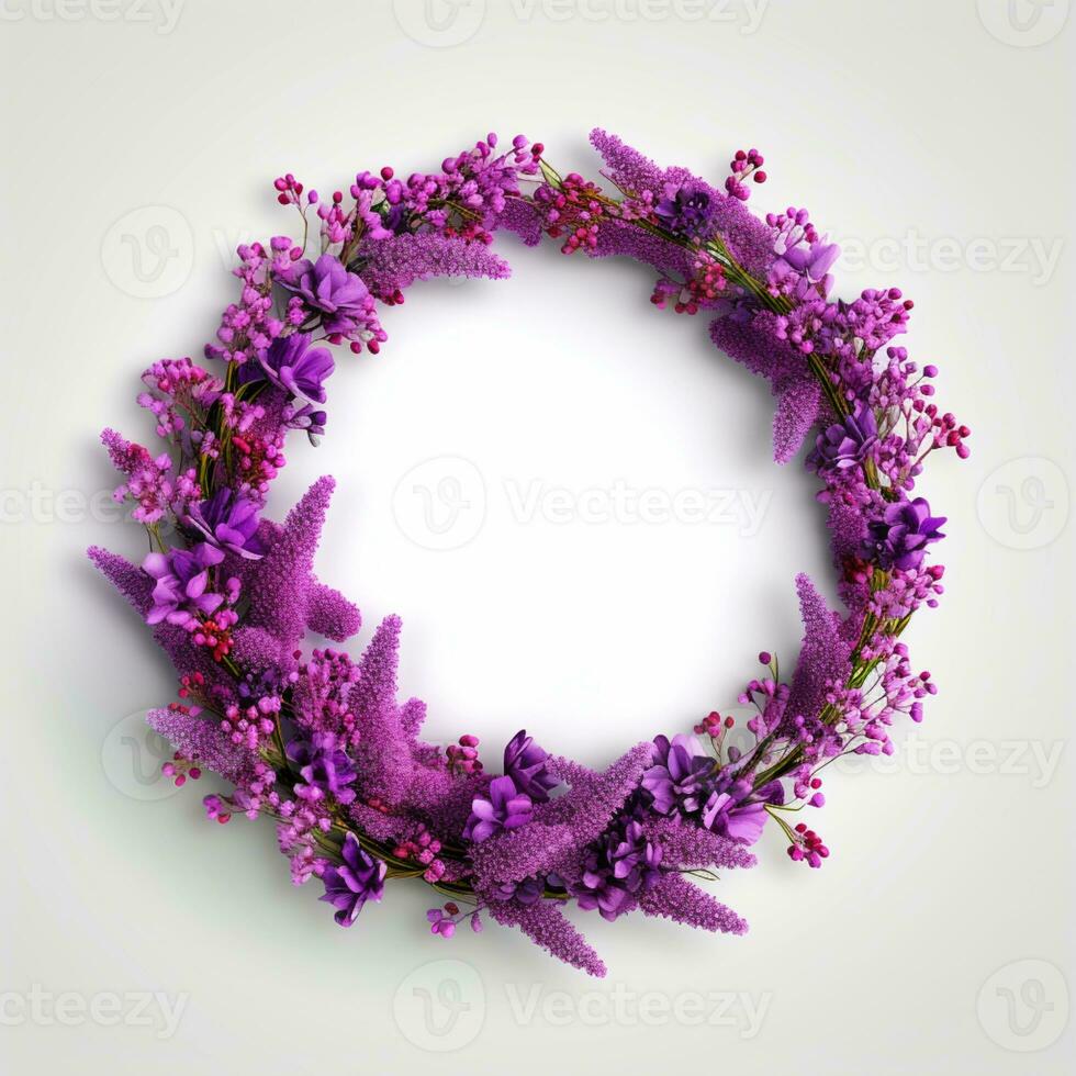 Circle made of purple flowers and branches copy space background. AI Generated photo