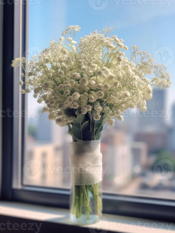 Babys breath flower copy space blurred window background. photo