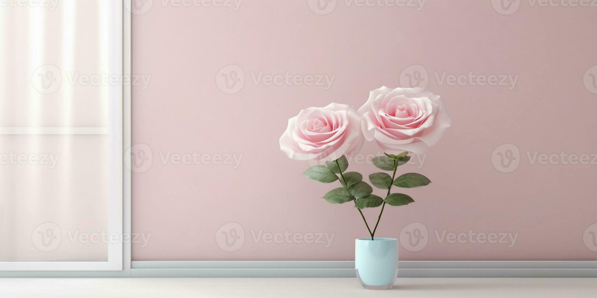 Pink rose flower and window with sun light copy space blurred background, AI Generated photo