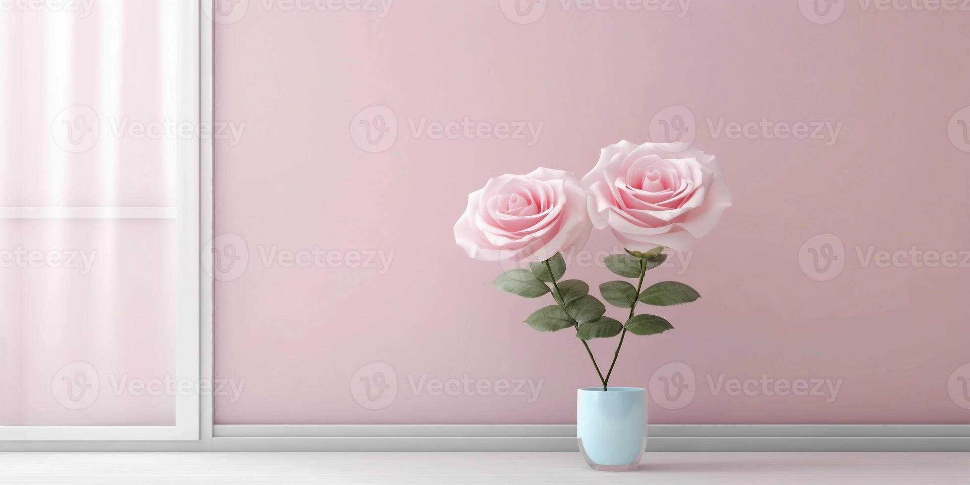 Pink rose flower and window with sun light copy space blurred background, photo