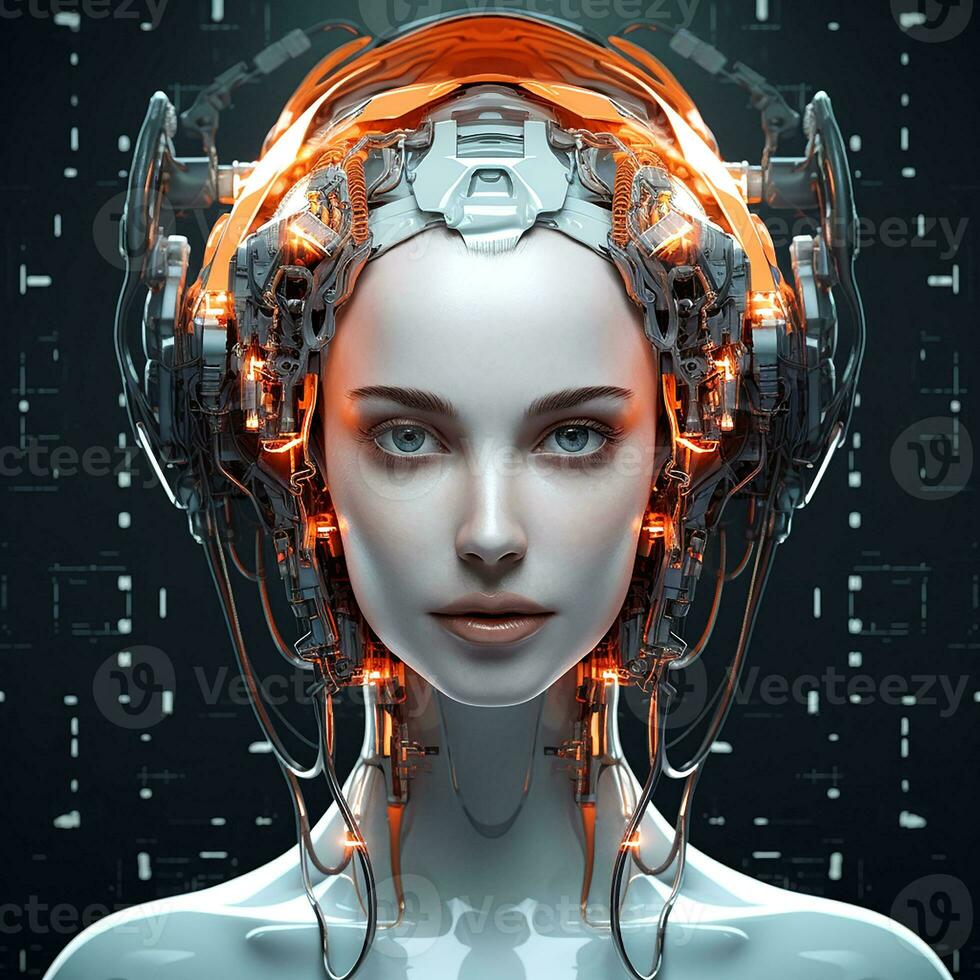 Beautiful face of woman robot, futuristic, artificial intelligence. Future technology. Abstract digital art. photo