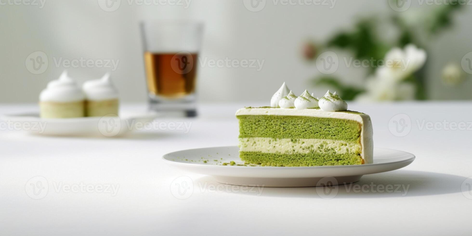 Matcha cak on white table for coffee break snack, AI Generateand photo