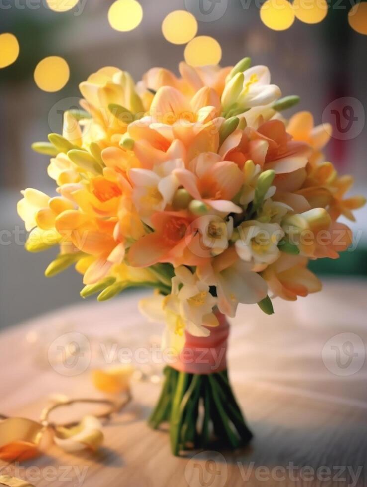 Freesia wedding bouquet flower on blurred window background. photo
