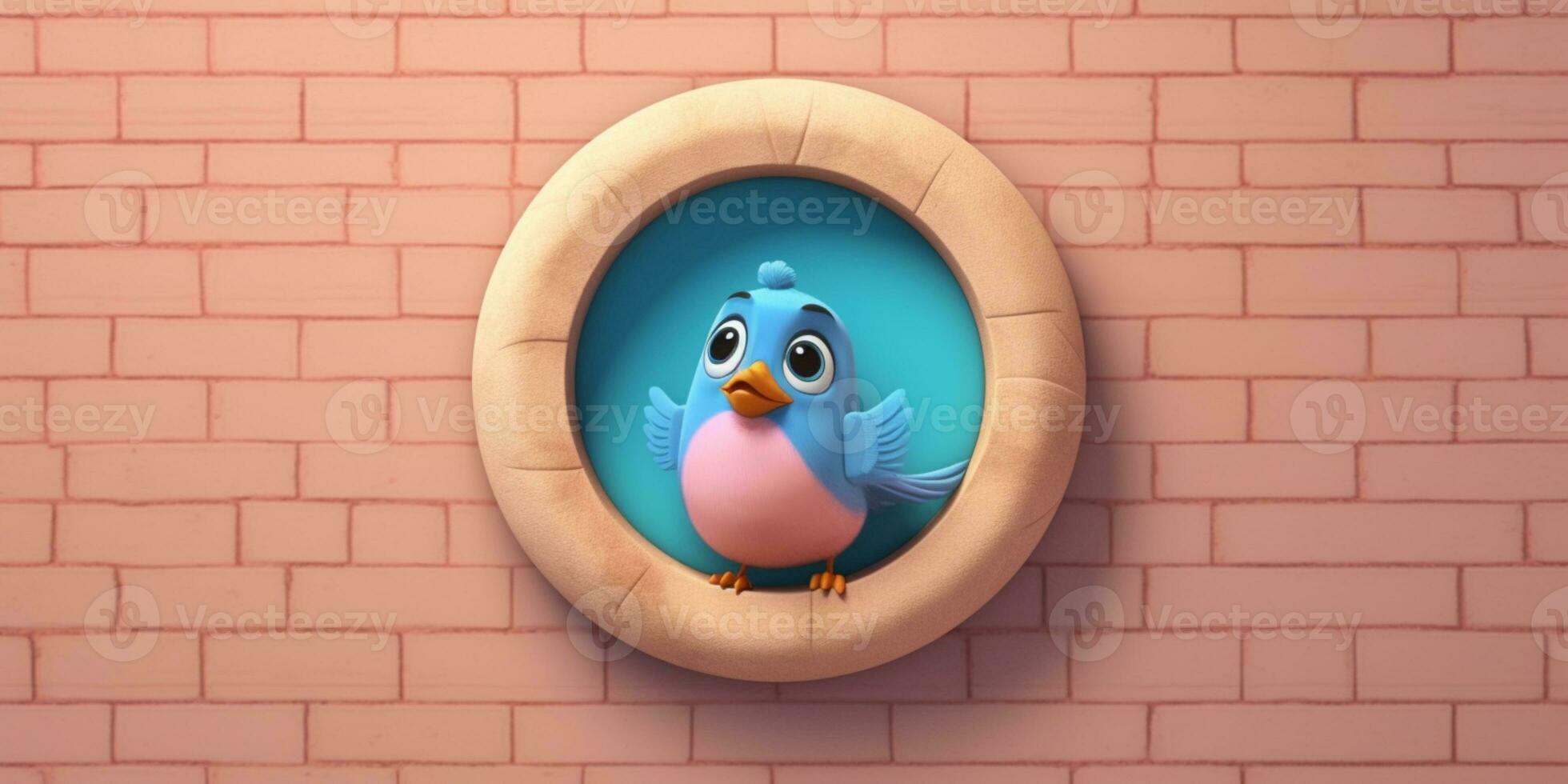 Bird on wooden window animal clay cartoon animation, AI Generated photo