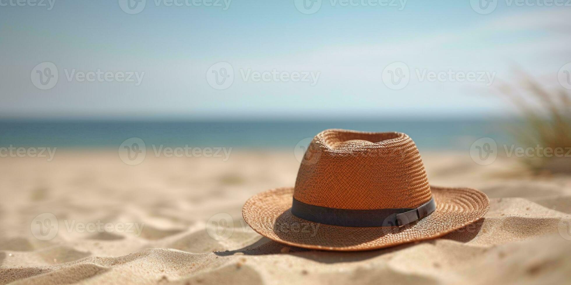 Paja sombrero en playa arena fiesta antecedentes. ai generado foto