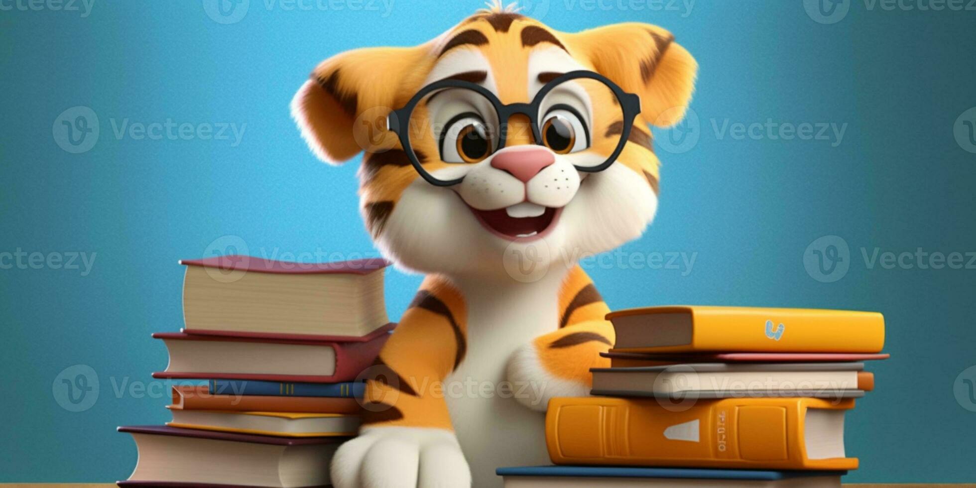 bebé Tigre con Gafas de sol y libro linda animal arcilla dibujos animados, ai generado foto