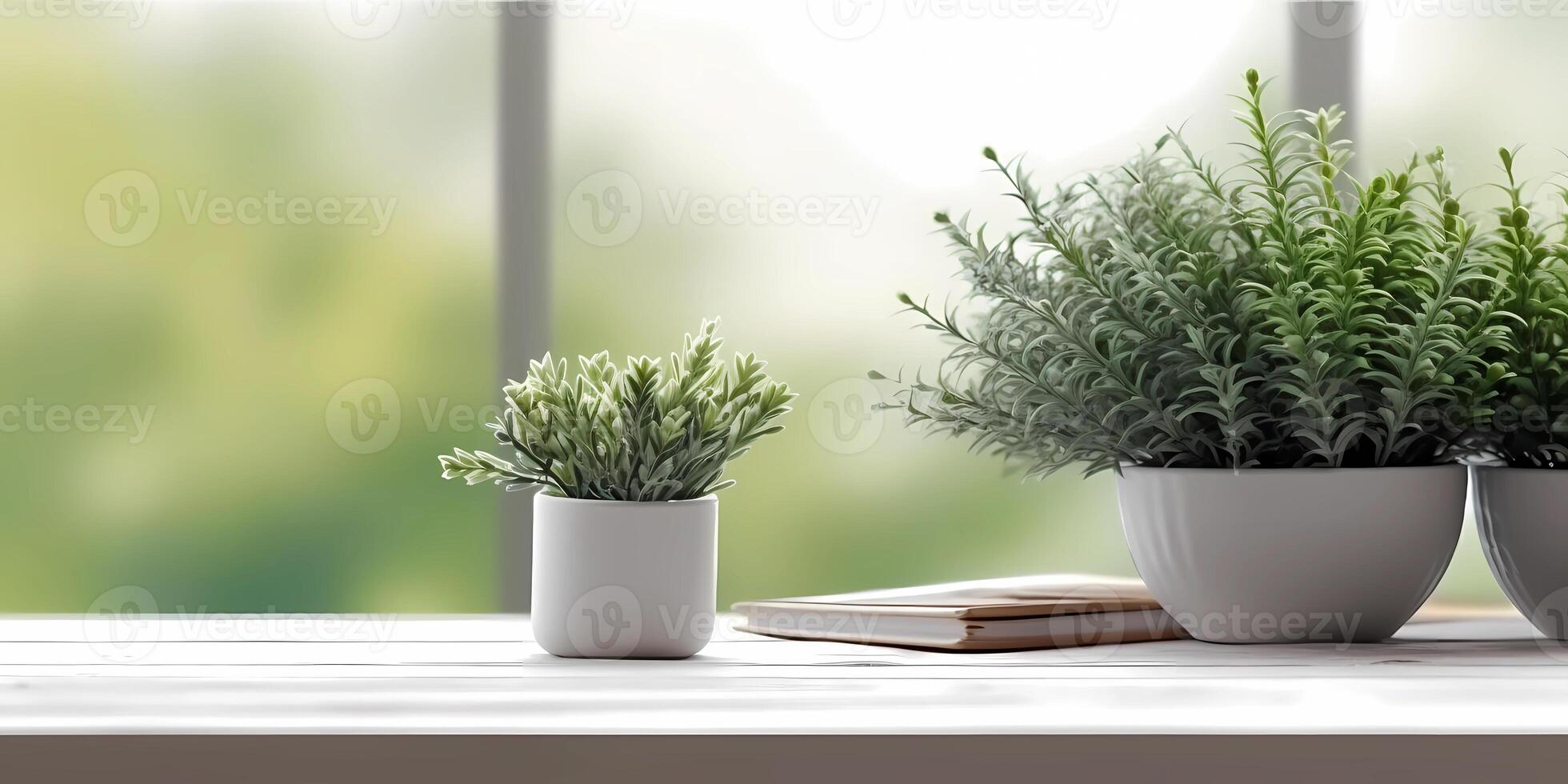 Wood table and window with plant with sun light copy space blurred background, photo