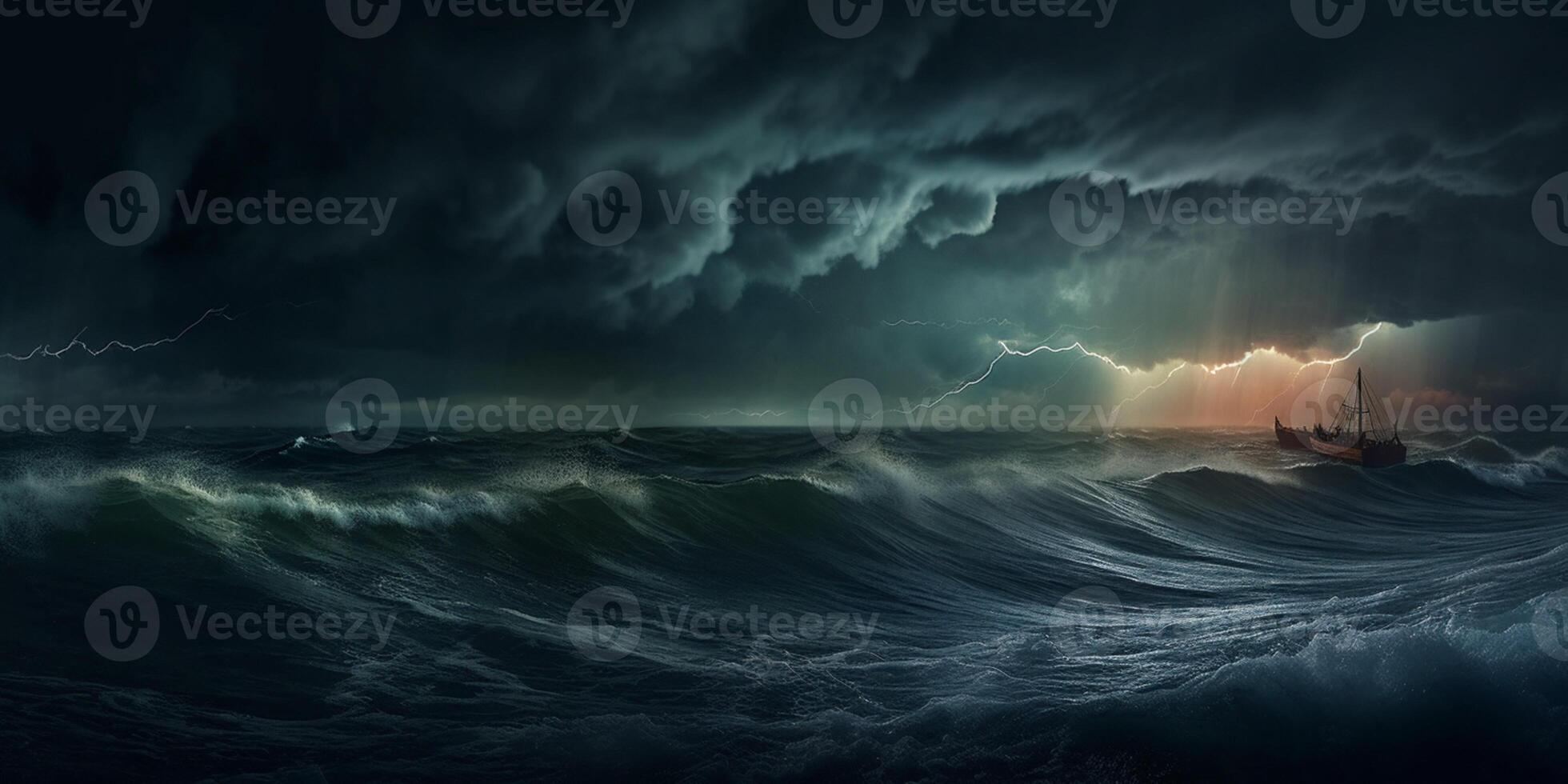 Storm in ocean with lighting natural disaster phenomenon, photo