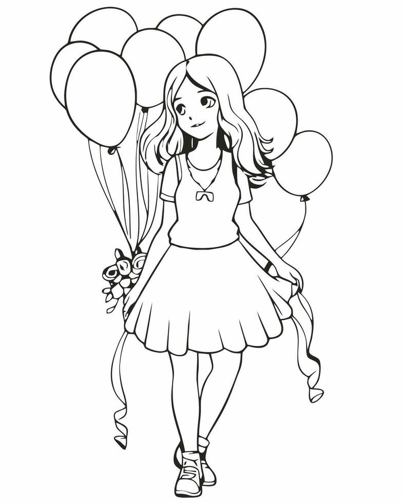 girl with balloons coloring page vector