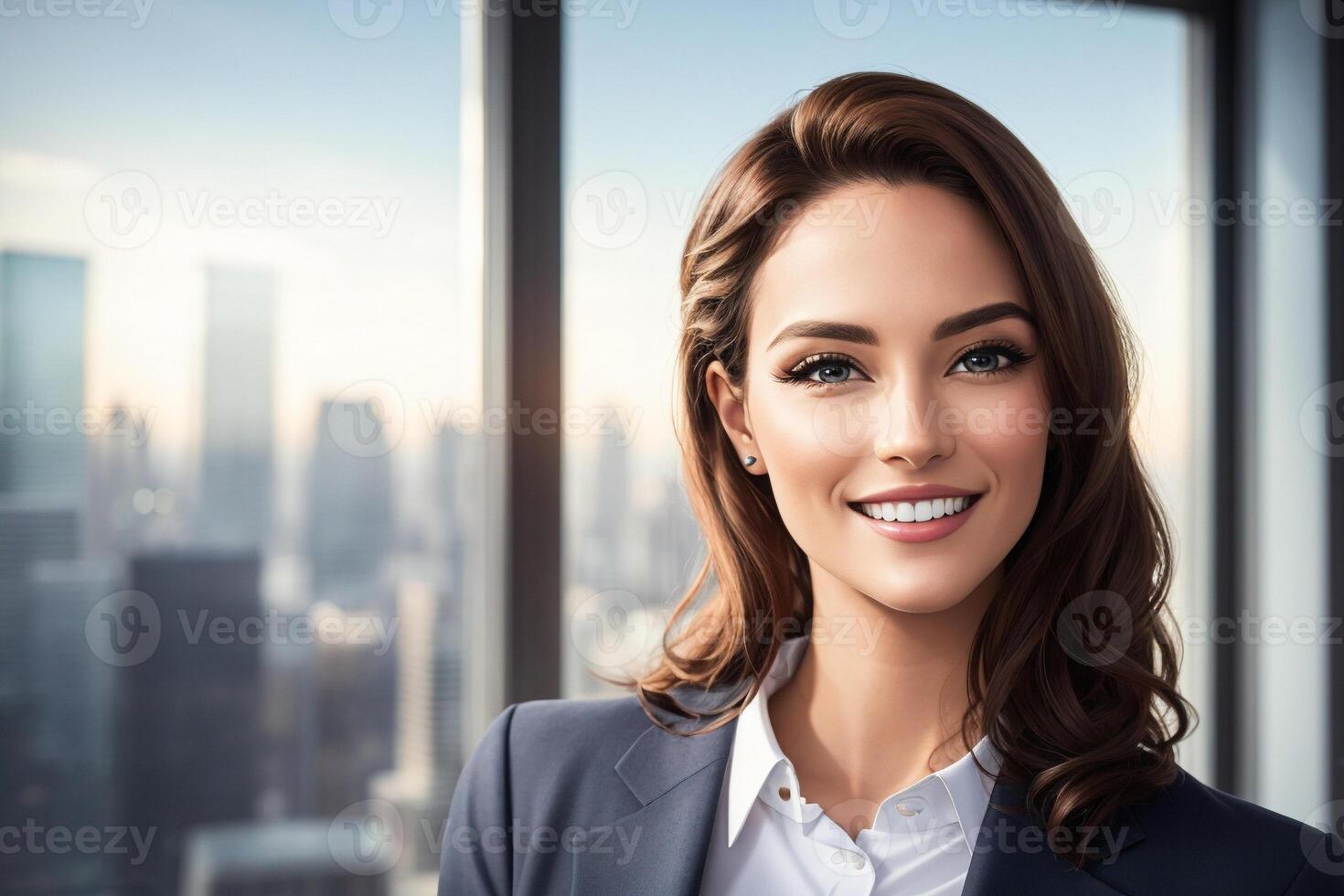 close-up of businesswoman stands in a sophisticated office space, highlighting her expertise and leadership in the corporate world, photo