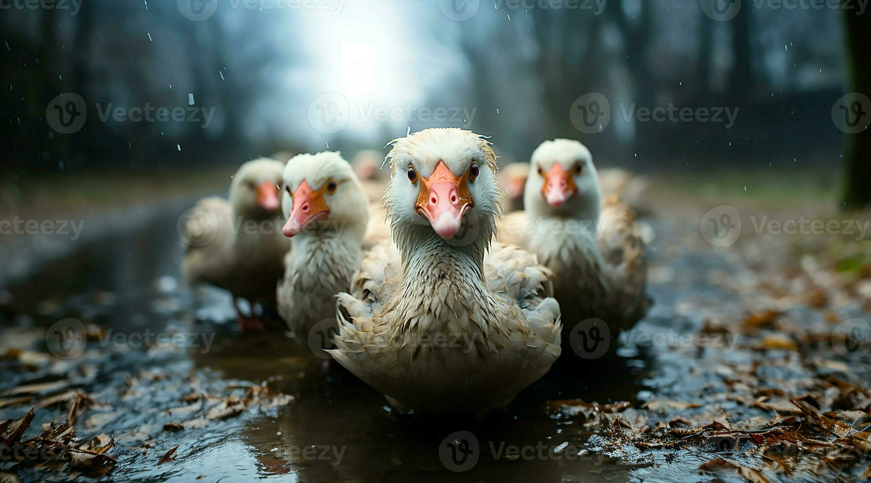 A bunch of white geese walking photo