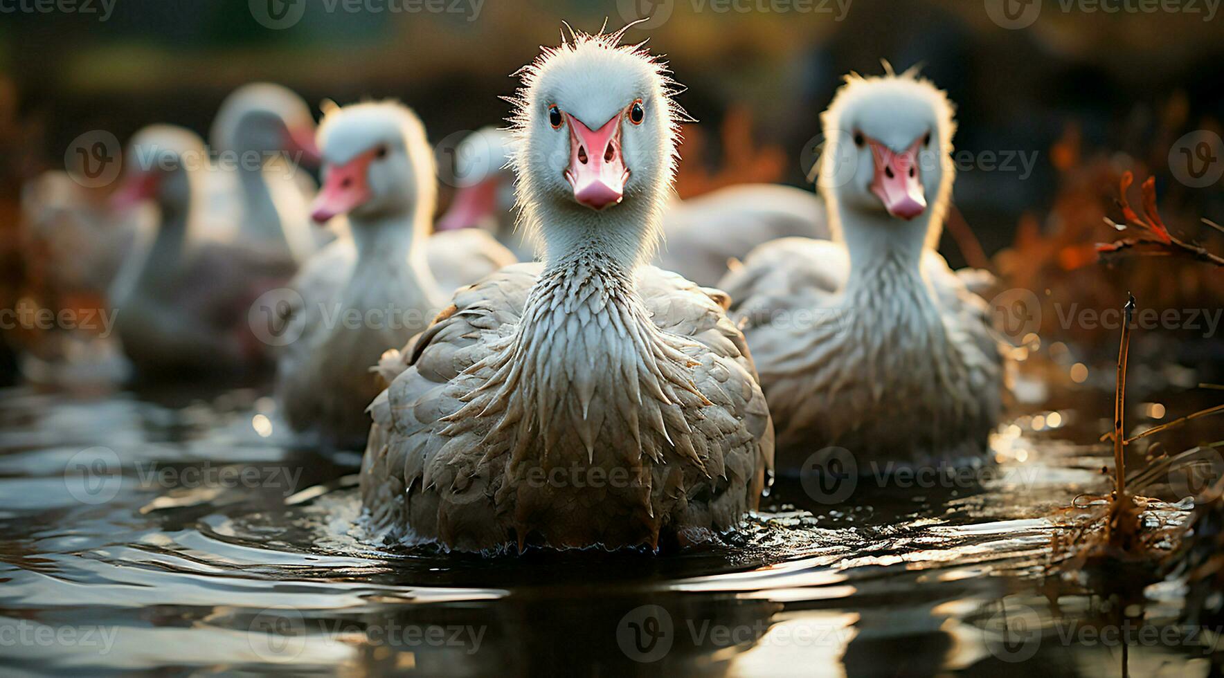 A bunch of white geese walking photo