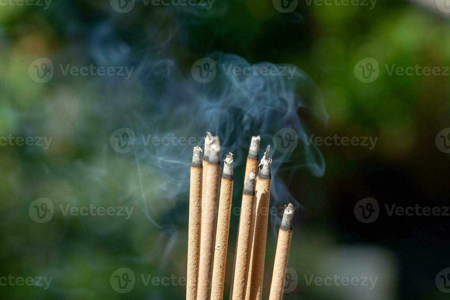 Incense burning in garden with blur background photo