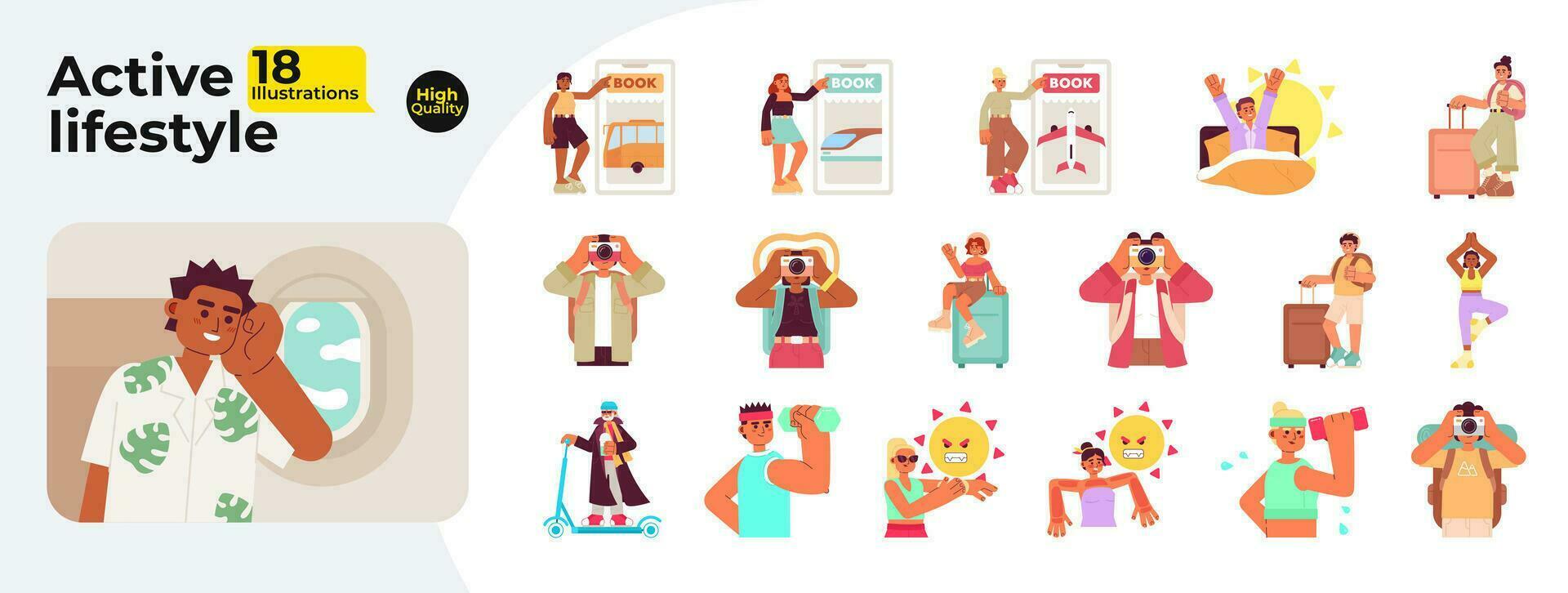 Summer leisure activity flat concept vector spot illustrations bundle. Active lifestyle 2D cartoon characters on white for web UI design. Recreation isolated editable creative hero images collection