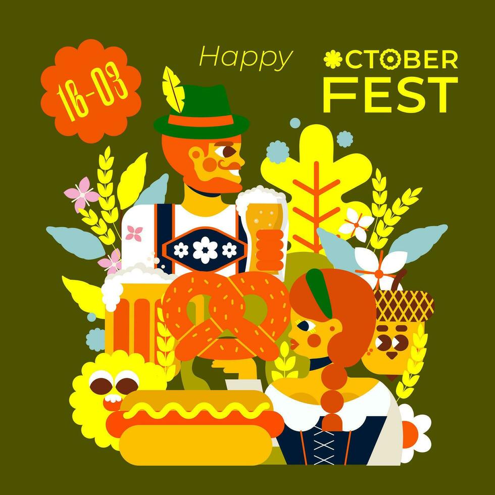 ilustración para Oktoberfest. imagen de un alemán mujer y hombre en tradicional disfraces rodeado por un montón de cerveza. mágico obra de arte ese será tomar usted a el corazón de el día festivo. salud vector