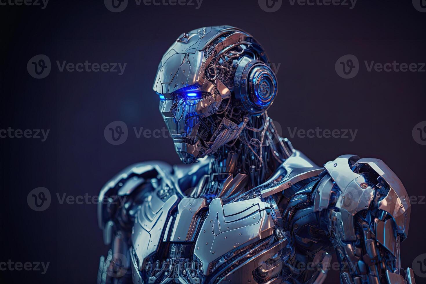 A robot with a blue-tinted metallic finish, performing various tasks and showcasing advanced artificial intelligence capabilities. photo