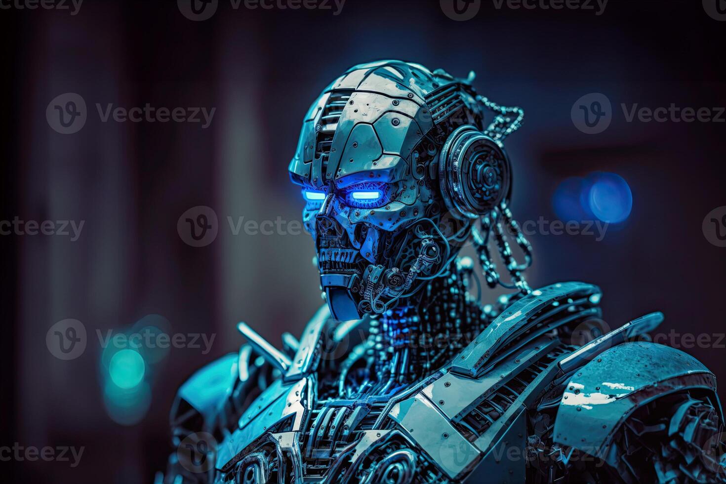 A robot with a blue-tinted metallic finish, performing various tasks and showcasing advanced artificial intelligence capabilities. photo