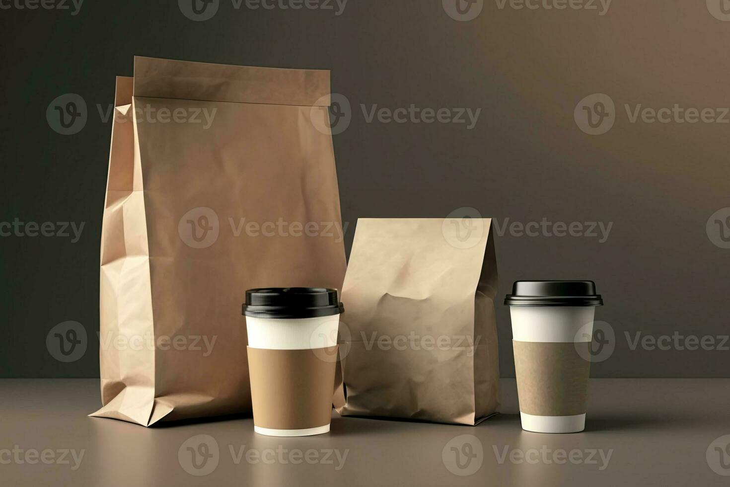 Delivery containers for takeaway food. Paper coffee cup with packed food. Generative Ai. photo