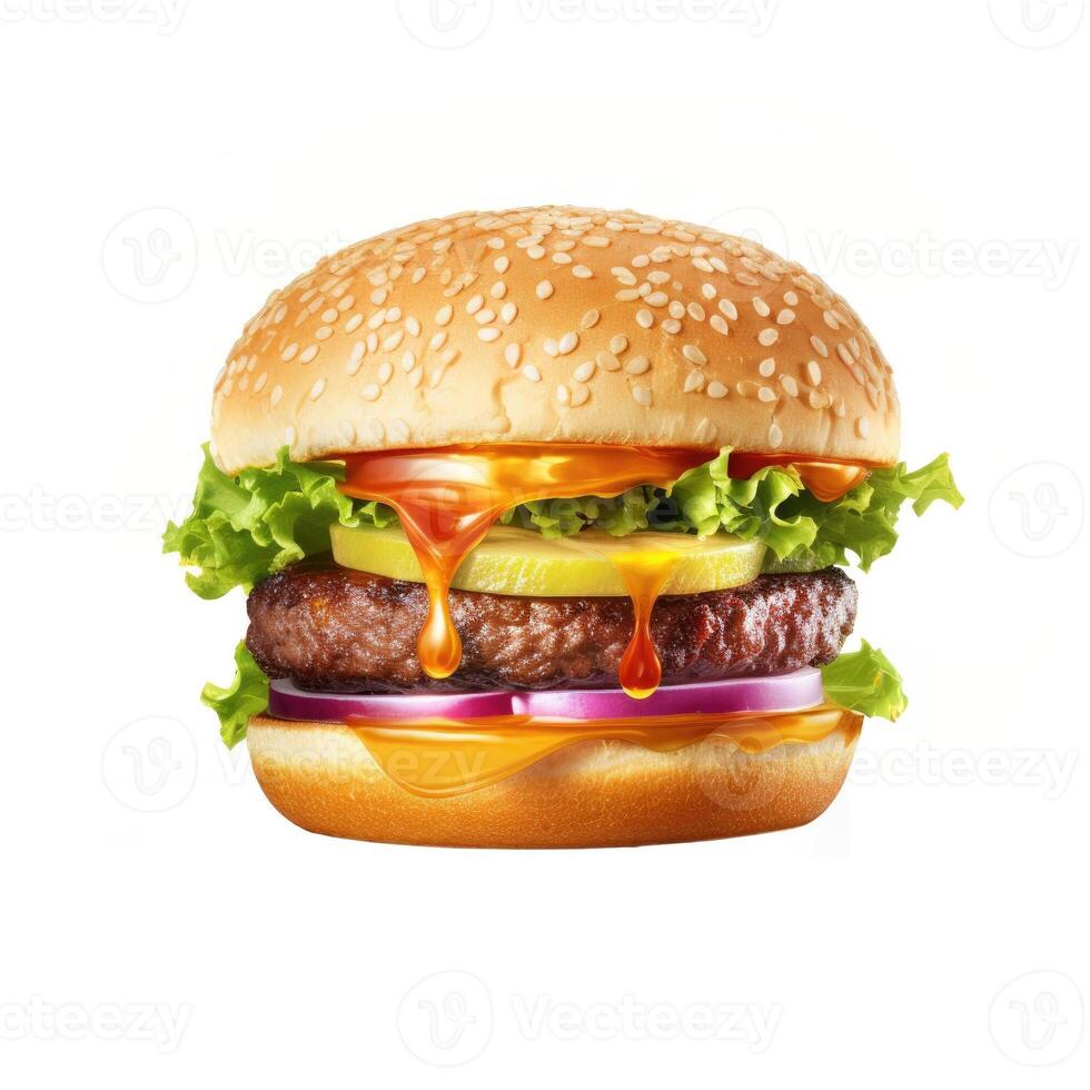 Fresh tasty burger isolated on white background. Generative AI photo