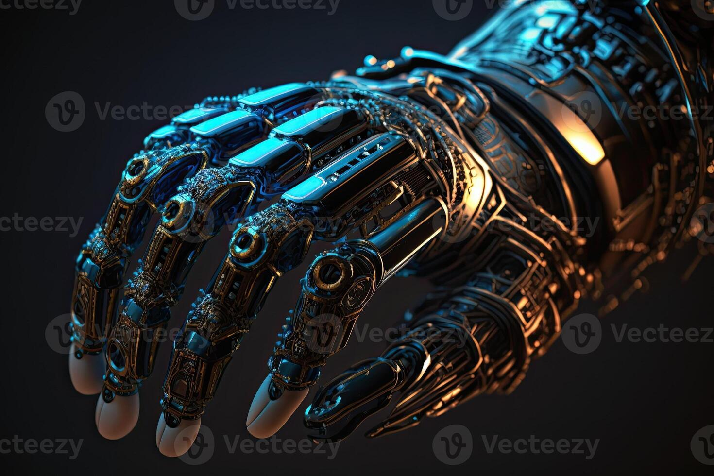 A close-up of a robotic hand, featuring intricate details and a blue backlight to highlight its advanced technological features. photo