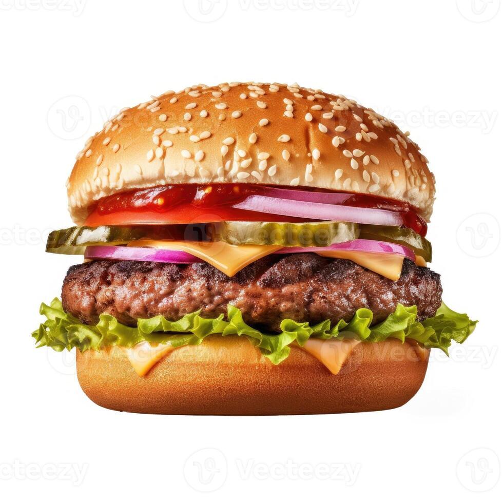 Fresh tasty burger isolated on white background. photo