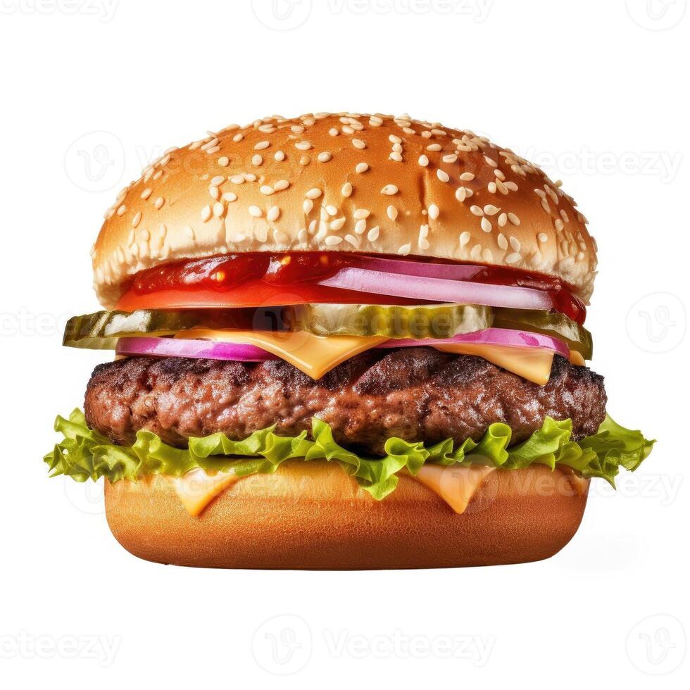 Fresh tasty burger isolated on white background. Generative AI photo