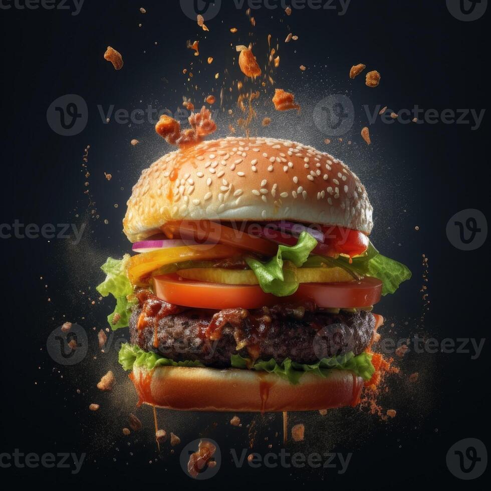 Falling fresh tasty burger on black background with ketchup splash. Generative AI photo