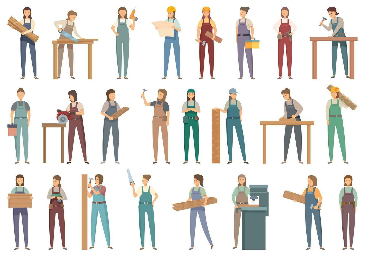Woman carpenter icons set cartoon vector. Art work vector