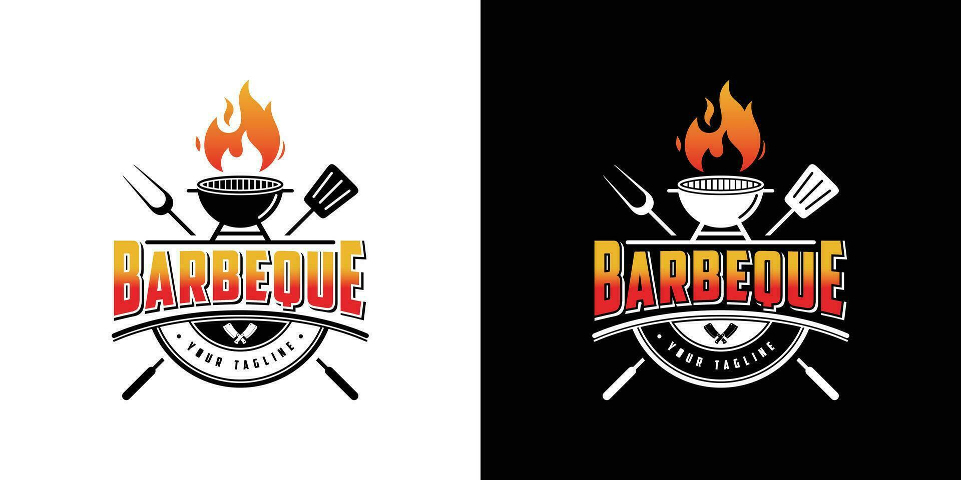 Vintage hipster Grill Barbeque invitation party barbecue bbq with crossed fork spatula and fire flame Logo design vector