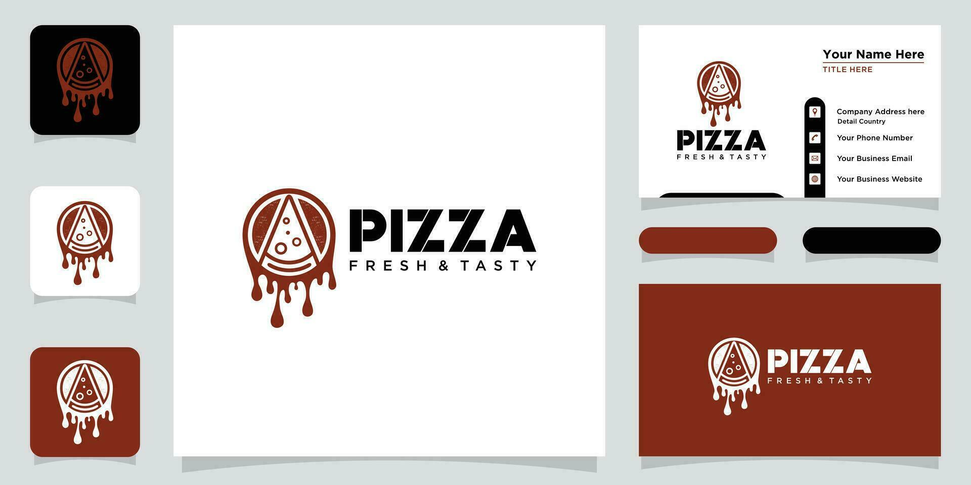 Pizza restaurant design logo. symbols for food and drink with business card design Premium Vector