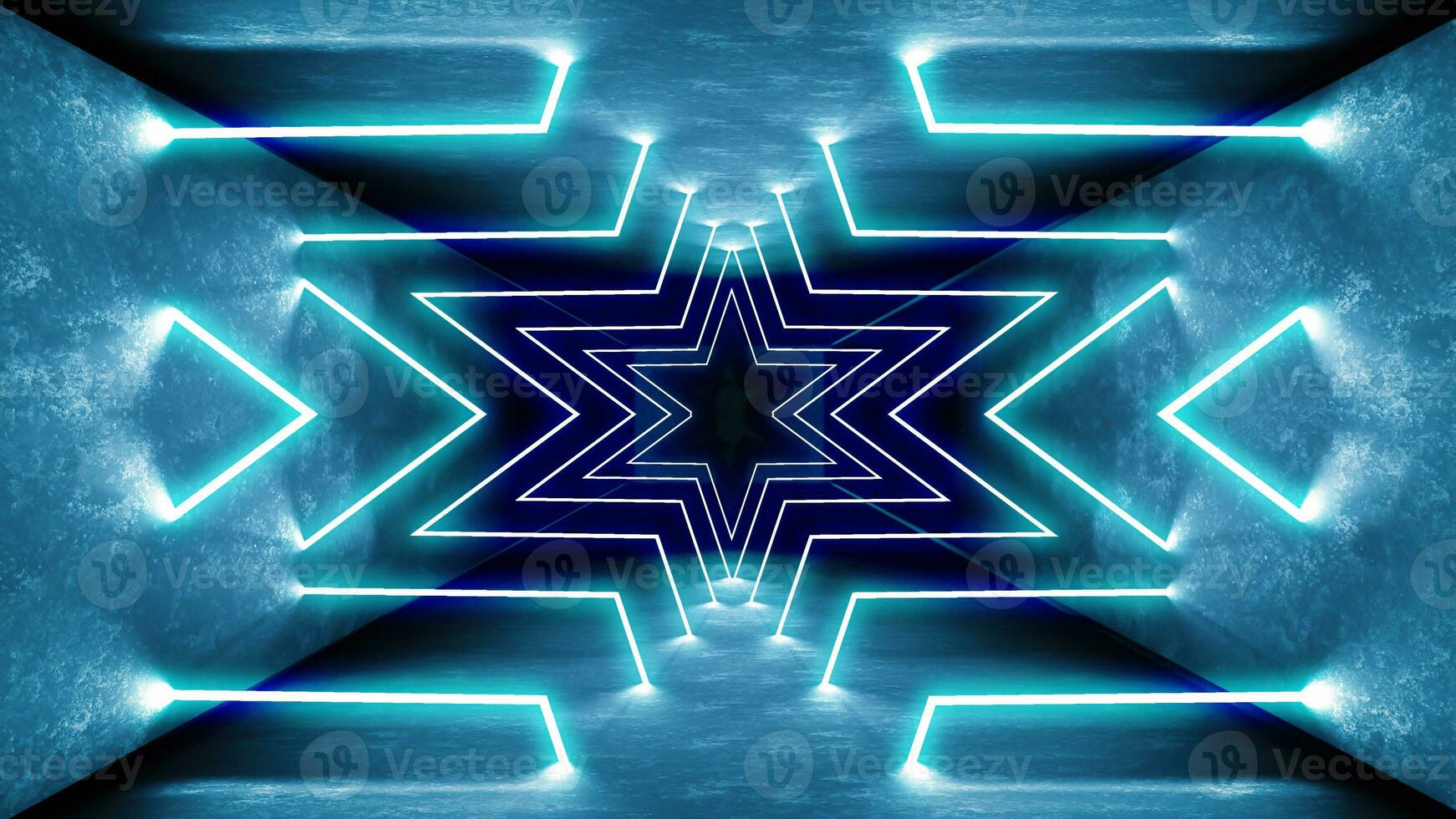 Night club interior lights 3d render for laser show. Glowing lines. Abstract fluorescent background. Neon room corridor background. Light abstract futuristic design. Modern geometric glow interior. photo