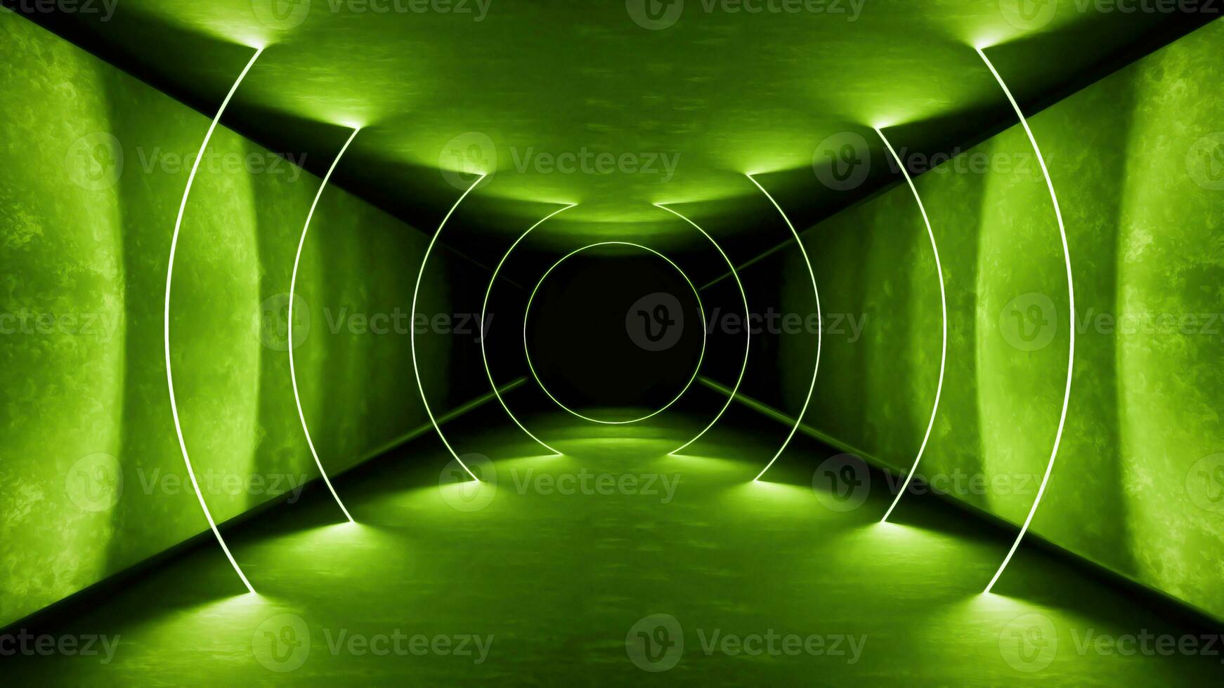 Night club interior green lights 3d render for laser show. Glowing green lines. Abstract fluorescent green background. Green neon room corridor background. Light abstract futuristic design. photo