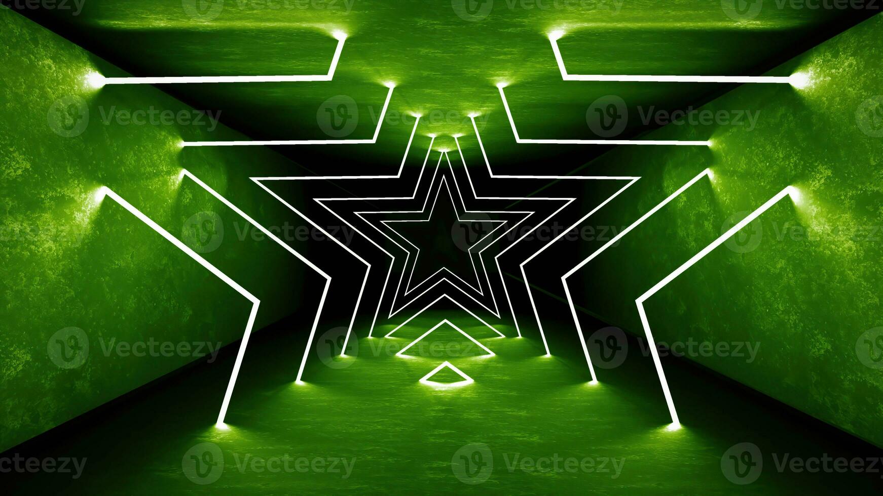 Night club interior green lights 3d render for laser show. Glowing green lines. Abstract fluorescent green background. Green neon room corridor background. Light abstract futuristic design. photo