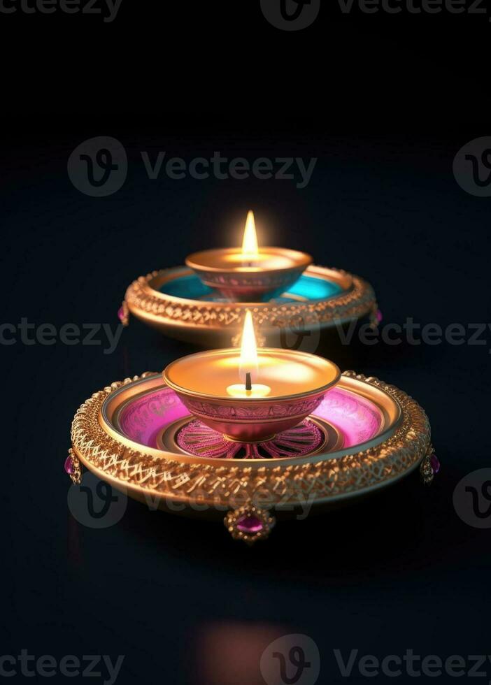 Two indian diya lamps lit up in a circular shape around the candle flame. Generative AI photo